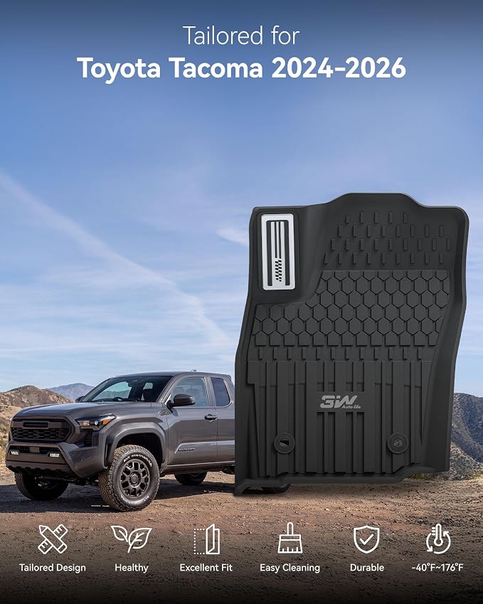 3W Floor Mats for Toyota Tacoma 2024-2026 Double Cab Auto Tran(Not Fit Hybrid & XtraCab) with Metal Pedals, TPE All Weather Custom Fit Floor Liner for Tacoma TRD/SR/SR5/limited Car Liners.