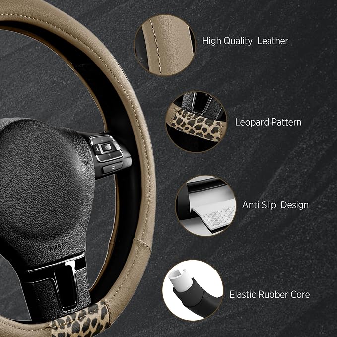 Road Comforts Steering Wheel Cover - Flat Bottom Wheel Cover Made with PVC Leather and Leopard Fabric - Universal Fit for 15-Inch D-Shaped Automotive Steering Wheels (Beige Color)