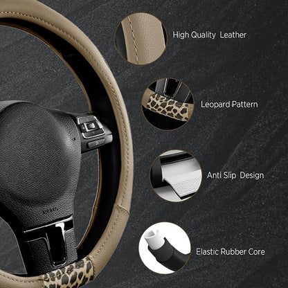 Road Comforts Steering Wheel Cover - Flat Bottom Wheel Cover Made with PVC Leather and Leopard Fabric - Universal Fit for 15-Inch D-Shaped Automotive Steering Wheels (Beige Color)