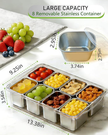 Snackle Box Container, Stainless Steel Divided Serving Tray with Lid and Handle, Large Snack Tray for Fruit Veggie Candy, 8-Compartment Snack Platter for Travel Party Beach Picnic
