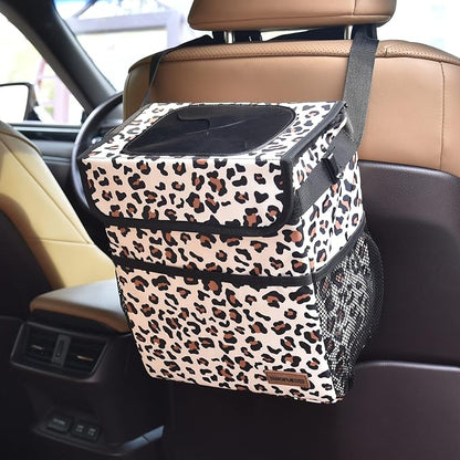 SIBOFUEGO Cute Car Trash Can with Lid – Multipurpose Collapsible Trash Bin for Car, Leak-Proof Organizer, Waterproof Garbage Can with Storage Pockets & Adjustable Straps, 2 Gallons (Leopard Print)