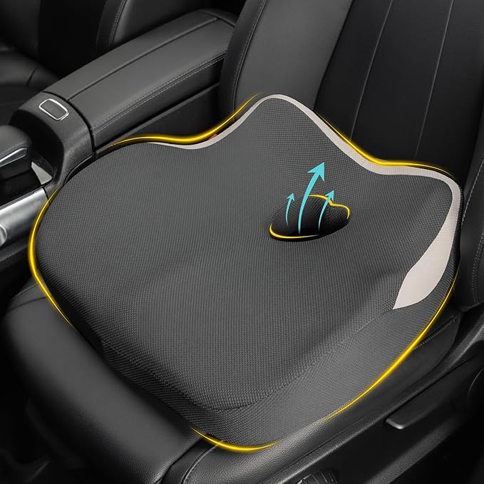 Car Seat Cushion: Ergonomic Memory Foam Car Cushion for Sciatica Pain Relief, Larger Driving Seat Pillow for Short Drivers on Long Drives - Butt Pillow for Truck, Office, Wheelchair - Gray