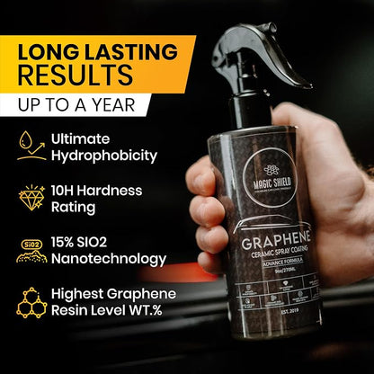 Magic Shield Graphene Ceramic Spray Coating - LAST SO LONG! Quick & Easy for Cars, Motorcycles, Boats & More - Professional-Grade Sealant for Maximum Gloss & Shine - Waterless Wash & Wax - 9oz Bottle