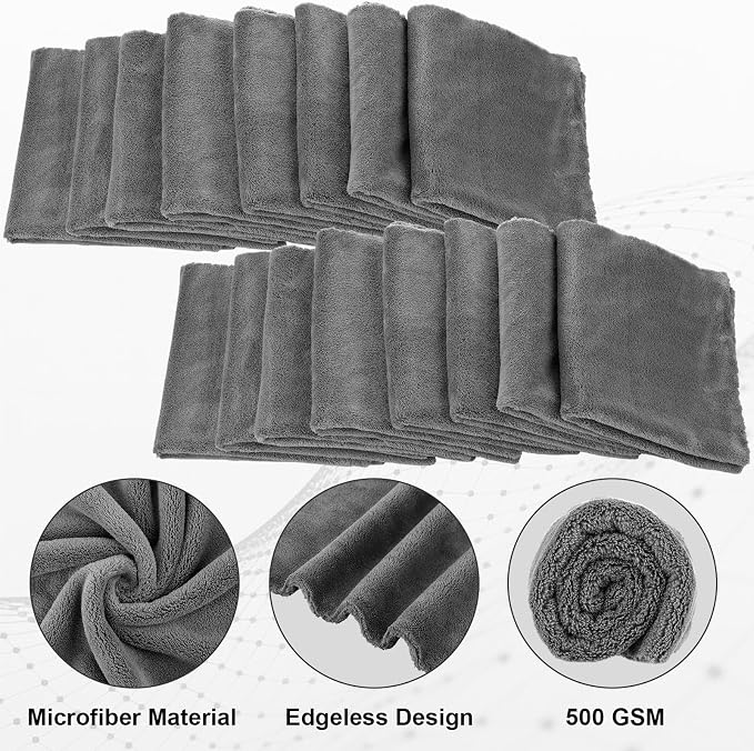 Shimeyao 30 Pcs 12.5 × 12.5 Inch Edgeless Microfiber Plush Towels for Cars Detailing Drying Wash Polishing Absorbent Cleaning Cloths, 500 GSM (Gray)