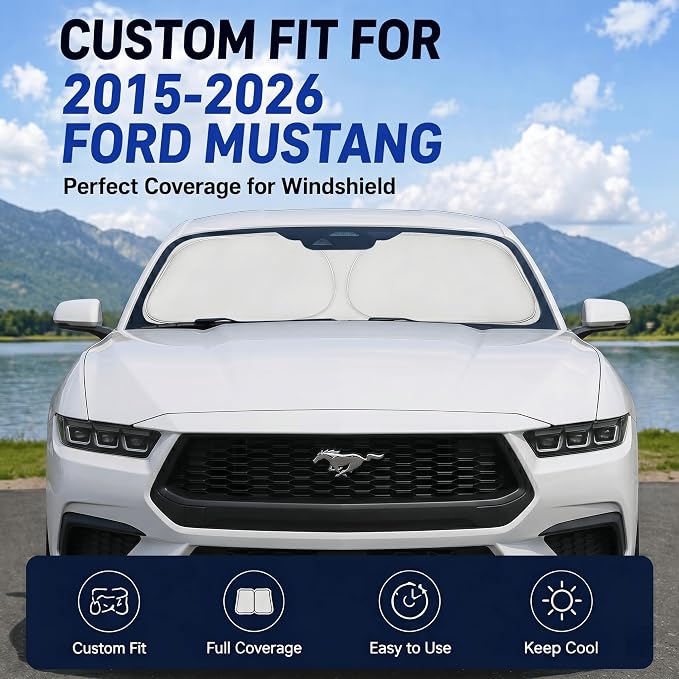 Custom Fit Windshield Sun Shade for Ford Mustang 2015-2026 | Custom Fit Windshield Cover, Blocks UV Rays, Double-Layer Heat Shield, Durable Frame, Easy Fold & Storage