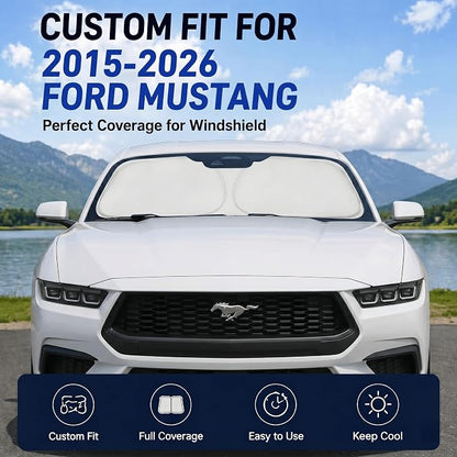 Custom Fit Windshield Sun Shade for Ford Mustang 2015-2026 | Custom Fit Windshield Cover, Blocks UV Rays, Double-Layer Heat Shield, Durable Frame, Easy Fold & Storage