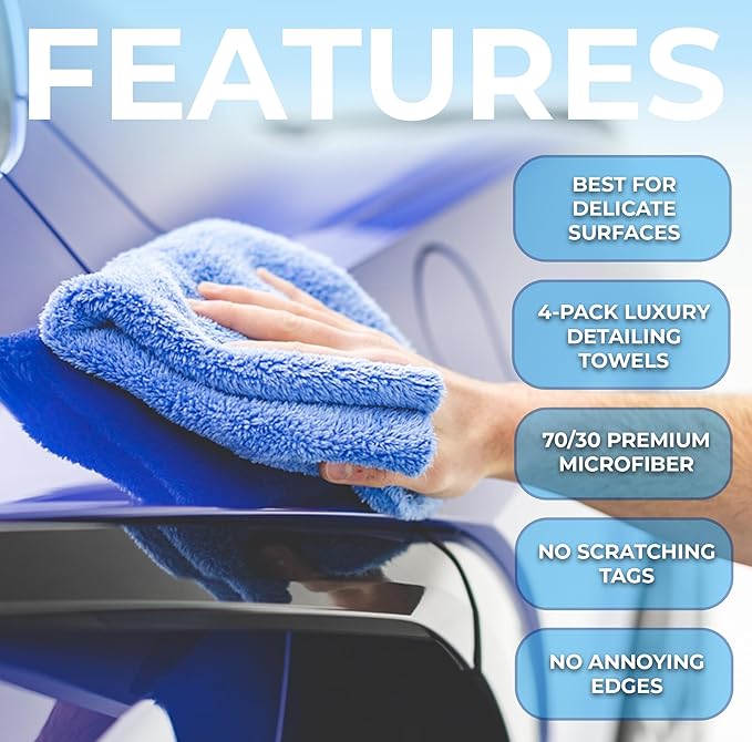 The Rag Company - Eagle Edgeless 500 (4-Pack) Professional Korean 70/30 Blend Super Plush Microfiber Detailing Towels, 500GSM, 16in x 16in, Blue