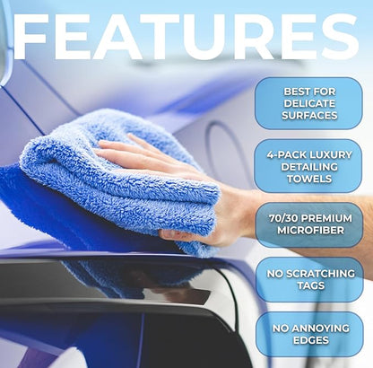 The Rag Company - Eagle Edgeless 500 (4-Pack) Professional Korean 70/30 Blend Super Plush Microfiber Detailing Towels, 500GSM, 16in x 16in, Blue