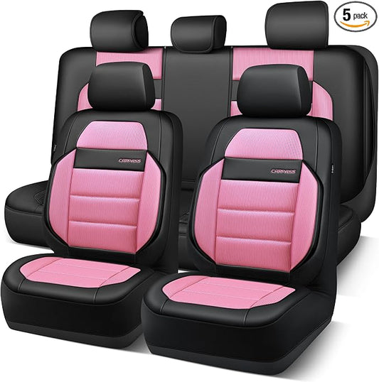 CAR PASS Memory Foam Seat Covers Full Sets, Airy Cool Mesh Thick Car Seat Covers Women, Leather Car Seat Covers 5 Seats Airbag Compatible, Universal Automotive Comfort for Cars, Trucks, SUV, Pink