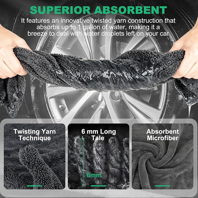 BRUSH FAMILY 3 Pack Car Microfiber Towels with Car Wash Mitt, 1200 GSM 35”x24”& 16"x16" Microfiber Car Drying Towels Ultra-Absorbent, Streak Free, Premium Double Twisted-Loop Cleaning Cloth