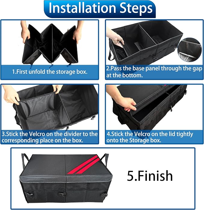 YOSRTER Car Trunk Organizer for Dodge Charger Durango Challenger Ram Collapsible Storage Box with Handle Foldable Lid Non Slip Bottom 2 Compartment Sturdy Base Panel for Dodge Accessories(Red Trim)