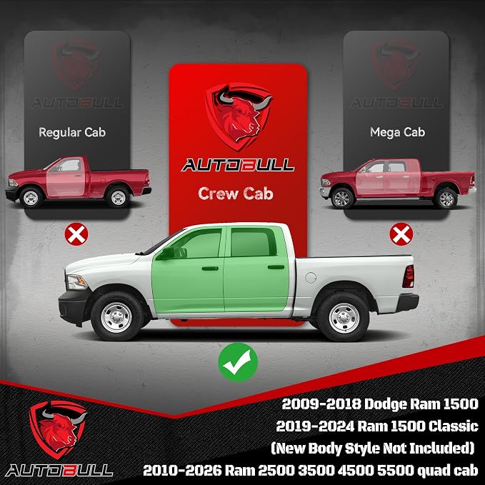Crew Cab Running Boards Side Steps Compatible with 2009-2018 Dodge Ram 1500, Ram 2019-2024 1500 Classic(New Body Style Not Fit), Ram 2010-2026 2500 3500 Silver Textured Aluminum Nerf Bars