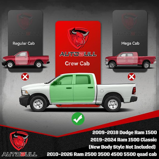 Crew Cab Running Boards Side Steps Compatible with 2009-2018 Dodge Ram 1500, Ram 2019-2024 1500 Classic(New Body Style Not Fit), Ram 2010-2026 2500 3500 Black Textured Aluminum Nerf Bars