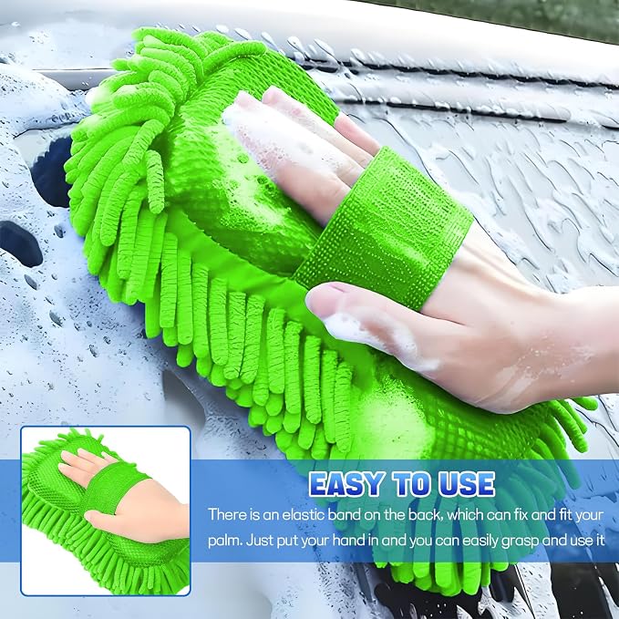 2PCS Microfiber Car Wash Sponge, Double Sided Chenille Microfiber Car Wash Mitt, Scratch Free & Lint Free, Absorbent Automotive Washing Sponges, Auto Cleaning Supplies (Green)