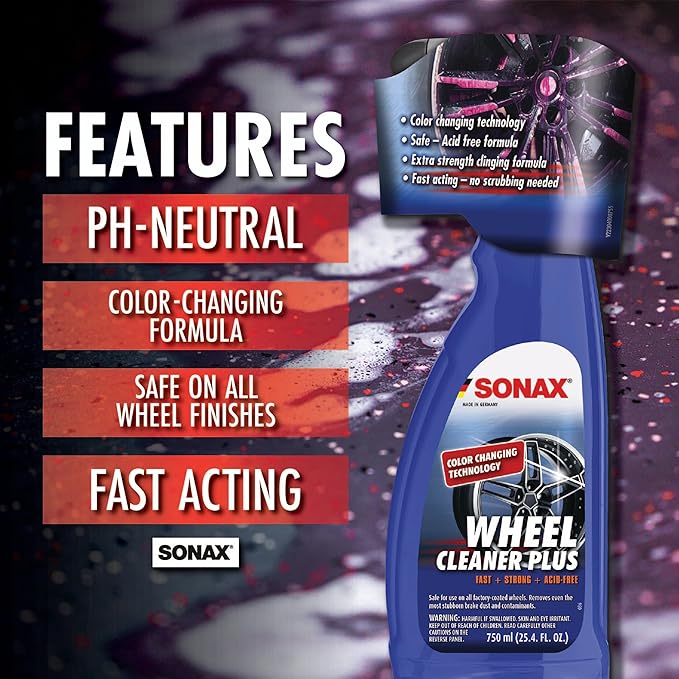 SONAX Wheel Cleaner Plus 230400 | Non-Acid, Color-Changing Rim Cleaner for Brake Dust, Grime, and Dirt Removal | Safe for All Wheels and Finishes | Powerful Deep Cleaning Formula | 750ml (25oz)