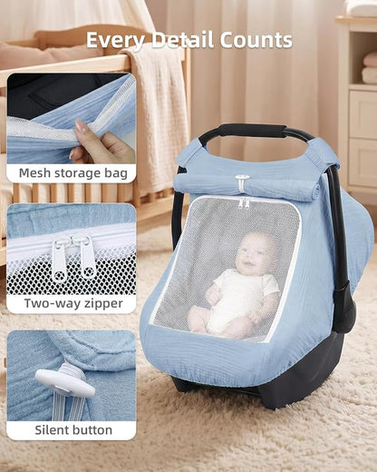 Rquite Car Seat Cover Baby Girl Boy, 100% Muslin Cotton Carseat Covers, Breathable Infant Windproof Canopy with Mesh Window, Stroller Sun Shade for Summer & Hot Day, Baby Blue