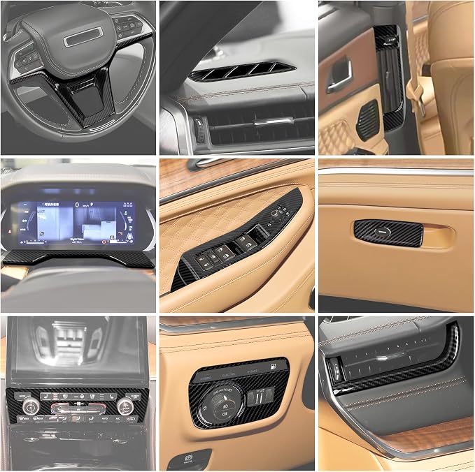 18PCS Carbon Fiber Interior Trim Panel Kits Fit for 2022-2026 Jeep Grand Cherokee Interior Decor Accessories Center Console Dashboard Window Lifter Headlight Switch AC Control Steering Button Frame
