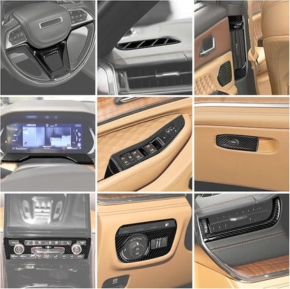 18PCS Carbon Fiber Interior Trim Panel Kits Fit for 2022-2026 Jeep Grand Cherokee Interior Decor Accessories Center Console Dashboard Window Lifter Headlight Switch AC Control Steering Button Frame