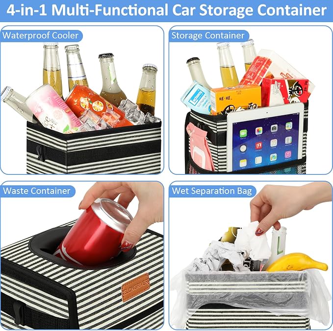 ELONGRIVER Car Trash Can Bin for Back Seat Leak Proof, Cute Car Trash Bag Hanging, Vehicle Trash Can for SUV Truck Van, Automotive Garbage Cans Front Seat Stripe