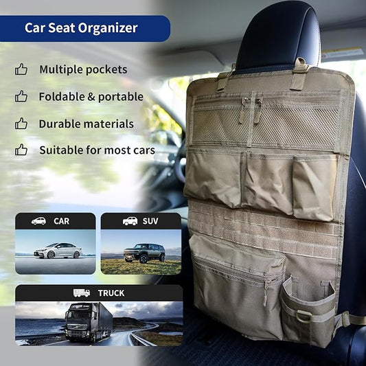 Backseat Car Organizer,Tactical Car Seat Back Organizer, Kick Mats Back Seat Protector with Three Zippered Storage pockets, Travel Accessories with 8 Storage Pockets And DIY zone (Sand Brown)