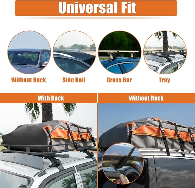 X AUTOHAUX 1000D PVC Waterproof Car Roof Bag Rooftop Cargo Carrier Bag Waterproof Luggage Carriers for Cars with or without Rack Anti-Slip Mat 6 Door Hooks - 15 Cubic Feet