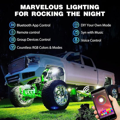 Nilight RGB LED Rock Lights Kit 4 PCS Underglow Multicolor Neon Light Pod with Magnetic Base Bluetooth App Control Flashing Music Mode IP68 Wheel Well Light for Truck ATV UTV RZR SUV