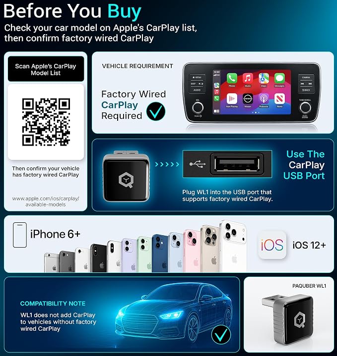 WL1 Wireless CarPlay Adapter for iPhone | For factory wired CarPlay cars; iPhone 6+ / iOS 12+; auto reconnect; includes USB-C converter