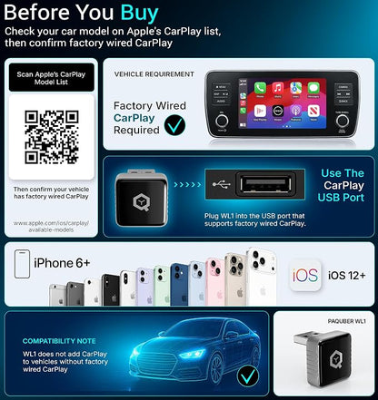 WL1 Wireless CarPlay Adapter for iPhone | For factory wired CarPlay cars; iPhone 6+ / iOS 12+; auto reconnect; includes USB-C converter