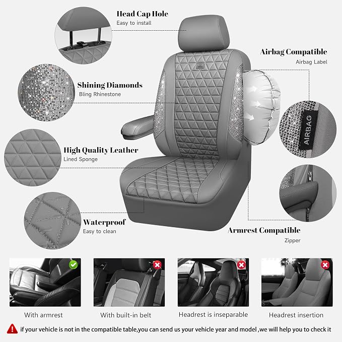 CAR PASS Bling Diamond Gray Leather Car Seat Covers Full Sets Interior Sets, Waterproof Shining Glitter Sparkly Crystal Universal Armrest Fit for Automotive Truck SUV Cute Women Girl, Gray Rhinestone
