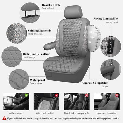 CAR PASS Bling Diamond Gray Leather Car Seat Covers Full Sets Interior Sets, Waterproof Shining Glitter Sparkly Crystal Universal Armrest Fit for Automotive Truck SUV Cute Women Girl, Gray Rhinestone
