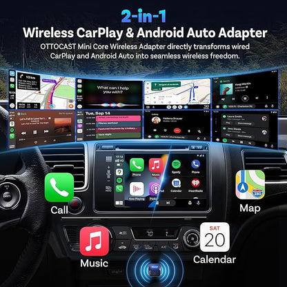 OTTOCAST Mini Core 2-in-1 Wireless CarPlay & Android Auto Adapter Mini Cube | With Smart Switch Button, 5S Auto-Connect, Dual Wi-Fi, Bluetooth 5.4, Plug & Play, for 98% Factory Wired Cars