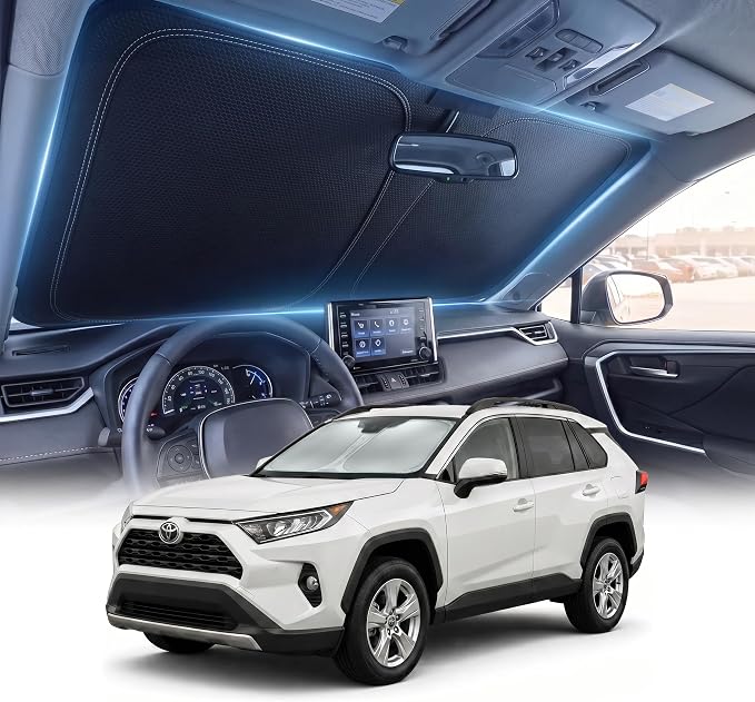 DMJN Front Windshield Sun Shade for Toyota RAV4 (2019-2026), [Nano Ice-Crystal Coatings] UPF50+ Heat & UV Block, Protect Car Interior & Keep Cool, Flodable Steel-Ring Car Cover for Summer