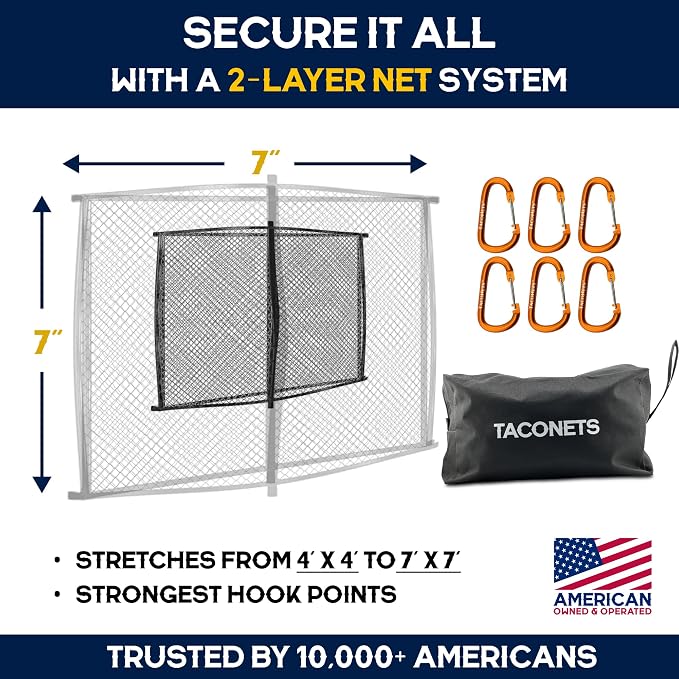 TacoNets Upgraded Highly Elastic Cargo Net, USA Company, Simple Truck Bed Cargo Mesh Organizer, Suitable for Light Loads, Heavy Duty Carabiners, 4'x4' Double Layer
