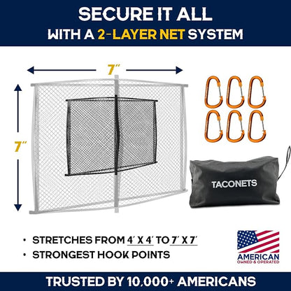 TacoNets Upgraded Highly Elastic Cargo Net, USA Company, Simple Truck Bed Cargo Mesh Organizer, Suitable for Light Loads, Heavy Duty Carabiners, 4'x4' Double Layer