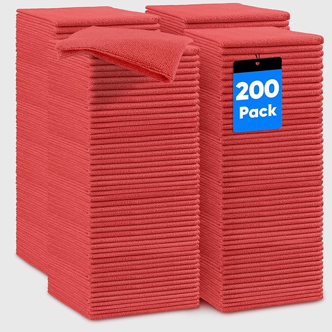 HOMEXCEL Red Microfiber Cleaning Cloths, 200 Pack Microfiber Towels for Cars, Lint Free & Scratch-Free Bulk Cleaning Rags for House, Kitchen, Car and Shop, Absorbent Cleaning Towels 11.5 x 11.5 inch