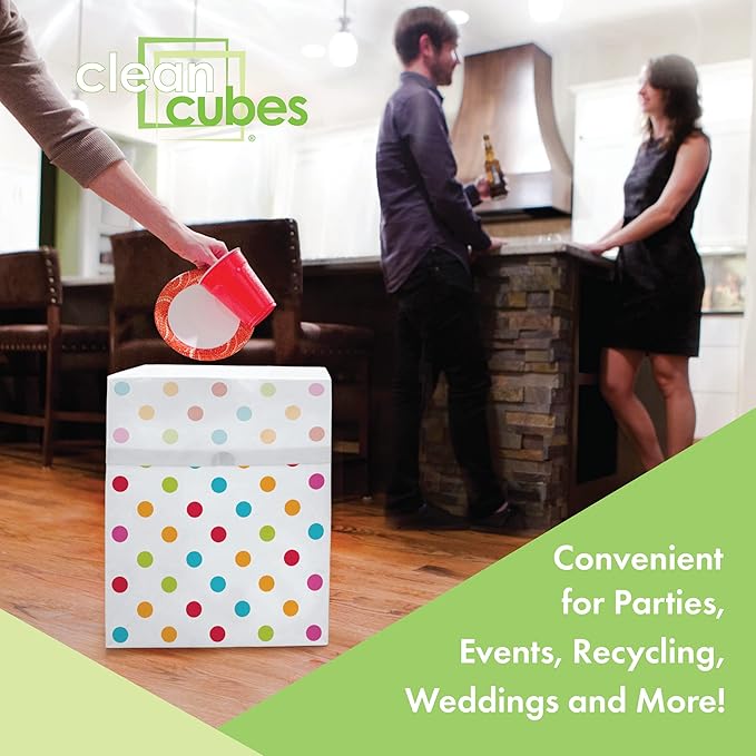 Clean Cubes 13 Gallon Disposable Pop-Up Trash Cans (6-Pack) with Fitted Bags – Foldable Garbage & Recycling Bins for Parties, Events & Kitchen (Polka Dot, 17" H x 13.5" W x 10" D)