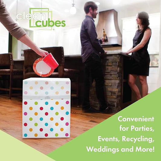 Clean Cubes 13 Gallon Disposable Pop-Up Trash Cans (6-Pack) with Fitted Bags – Foldable Garbage & Recycling Bins for Parties, Events & Kitchen (Polka Dot, 17" H x 13.5" W x 10" D)