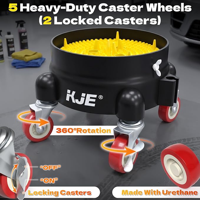 KJE Bucket Dolly with Wheels, 360° Rolling Car Wash Buckets Dolly for Detailing, Rolling Wash Bucket with 5 Wheels and 2 Locking Casters, Compatible with 2.5-7 Gallon Buckets, Supports Up to 300 lbs