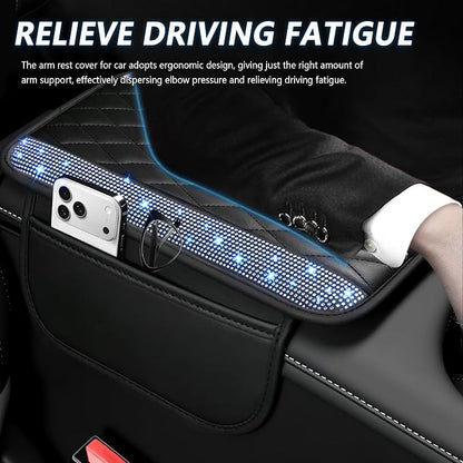Stacool Upgraded Car Center Console Cover with Rhinestones,Microfiber Leather Car Armrest Cover Cushion with 2 Storage Bags,Universal Cars Armrest Storage Box as Cars Interior Accessories