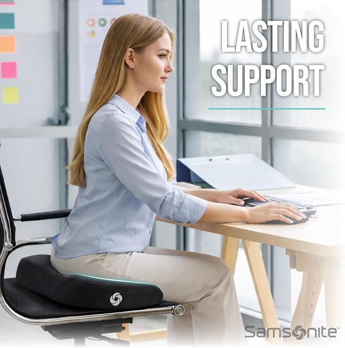 Samsonite Memory Foam Seat Cushion – Ergonomic Cushion for Office Chair, Tailbone Pressure Pad, Coccyx Support for Sciatica, Supportive Seat for Car, Desk, and Gaming Chairs, Black