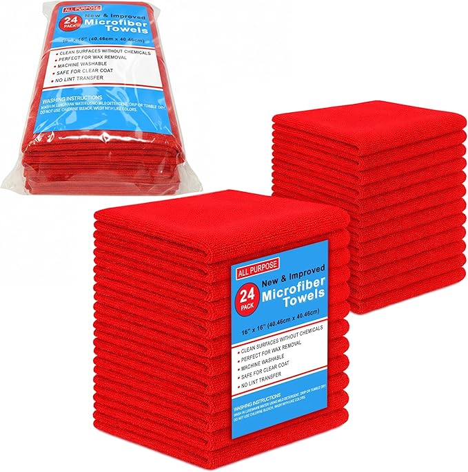 Blue Horizon Microfiber Cleaning Towels, Pack of 24, Ultra Soft Plush Washcloth, All Purpose Premium Microfiber Detailing Cleaning Cloths Reusable Shop Towels (16" x 16", Red)