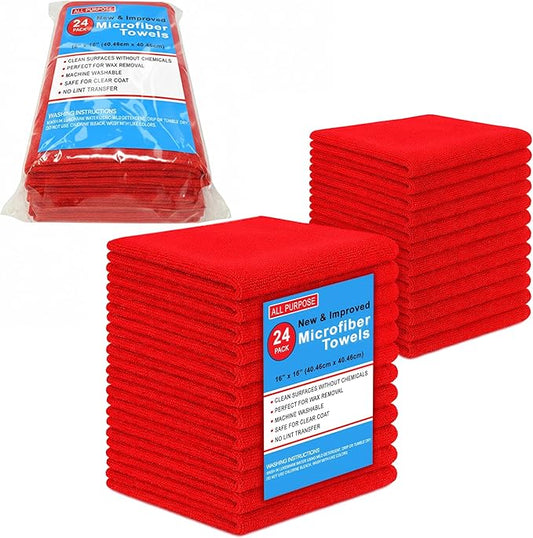 Blue Horizon Microfiber Cleaning Towels, Pack of 24, Ultra Soft Plush Washcloth, All Purpose Premium Microfiber Detailing Cleaning Cloths Reusable Shop Towels (16" x 16", Red)