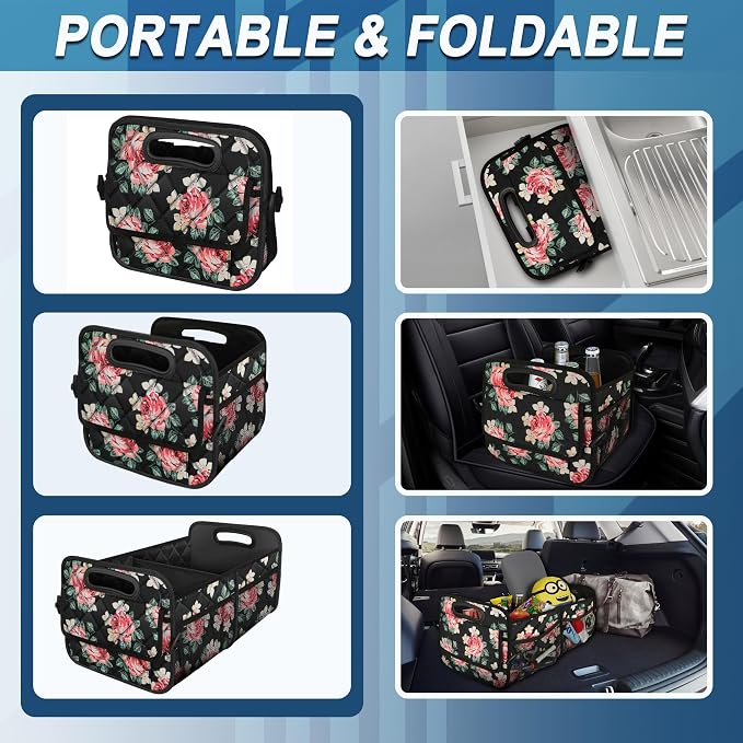 Deosk Trunk Organizer and Storage with Reinforced Handles,Car Accessories for Women/Men 50L Waterproof Polyester Trunk Organzier for Car/SUV/Minivan/Truck(Medium, Floral)