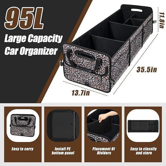 AOPHY Leopard Print Trunk Organizer - 95L Large Capacity, Non-Slip Bottom, Waterproof, Portable Car Storage for SUV, Truck, Sedan
