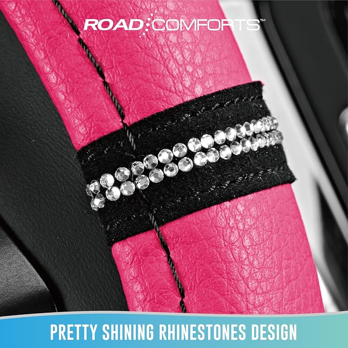 Road Comforts Leopard Steering Wheel Cover for Women, Cute Anti-Slip Microfiber Leather, Universal Fit 14.5-15 Inch Round Steering Wheel - HotPink