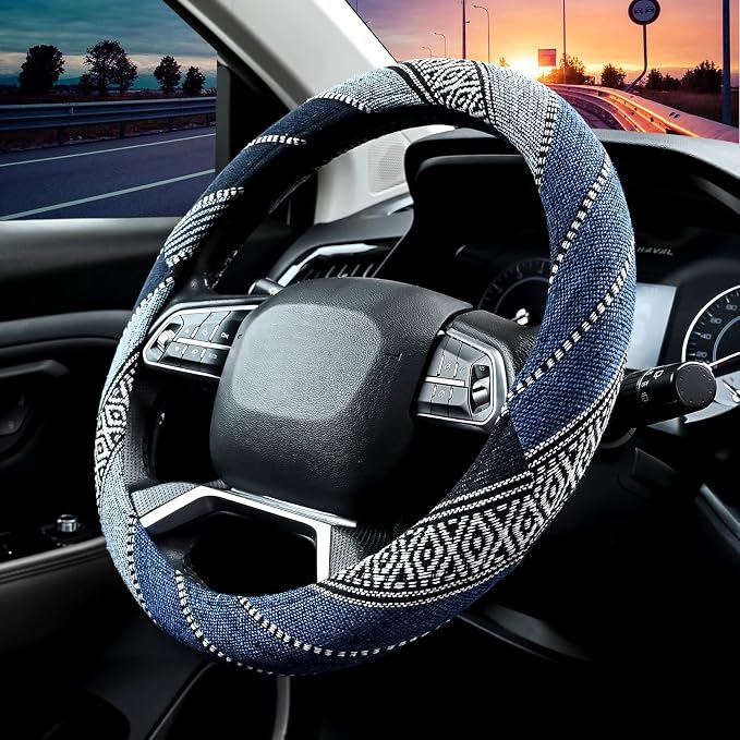 Valleycomfy Cloth Steering Wheel Covers for Women Bohemian Universal 15 inch Baja Blanket Enthic Blue