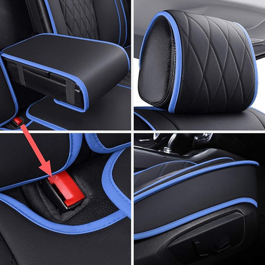 Aierxuan Rear Back Seat Covers with Waterproof Leather Universal Compatible with Honda Toyota Ford Kia Hyundai Jeep VW Audi Benz Chevy Nissan (Rear Seat/Black-Blue)