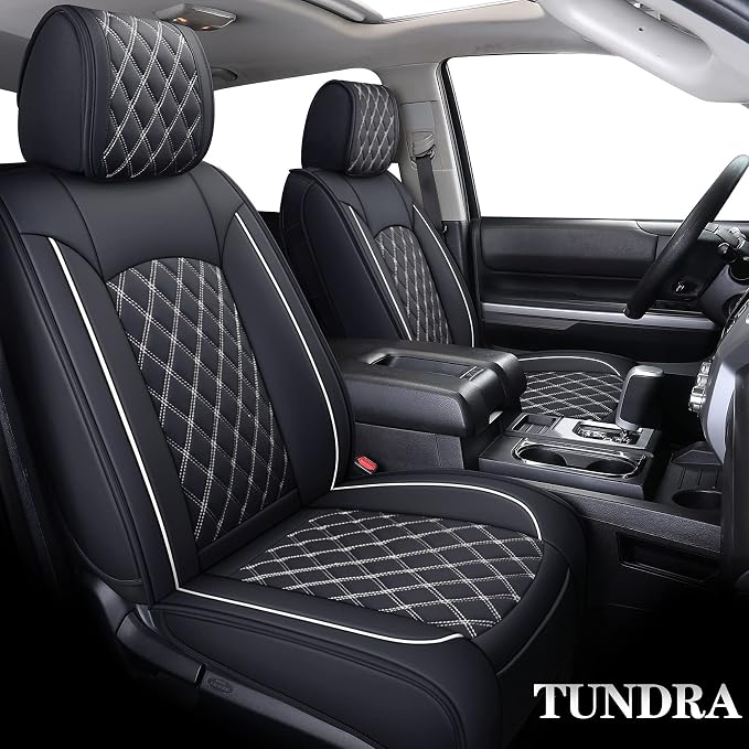 YIERTAI Tundra Seat Covers Compatible with 2008-2024 2025 2026 Toyota Tundra Crewmax Double Cab SR5 Limited Platinum TRD Pro Crew Cab Truck Waterproof Leather Seat Covers(5 PCS Full Set/Black-White)