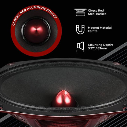 DS18 PRO-X694 BM Loudspeaker - 6x9, Midrange, Red Aluminum Bullet, 400W Max, 200W RMS, 4 Ohms - Premium Quality Audio Door Speakers for Car,Truck and Motorcycle Stereo Sound System (1 Speaker)