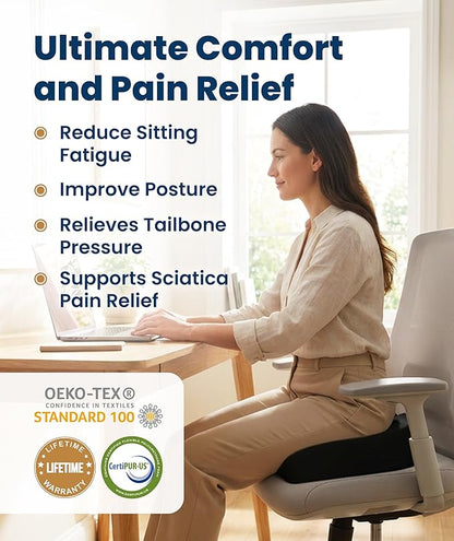 Everlasting Comfort Doctor Recommended Memory Foam Seat Cushion for Office Chairs & Car - Ergonomic Office Desk Accessories - Cushions for Tailbone Pain Relief, Sciatica (Black, X-Large)